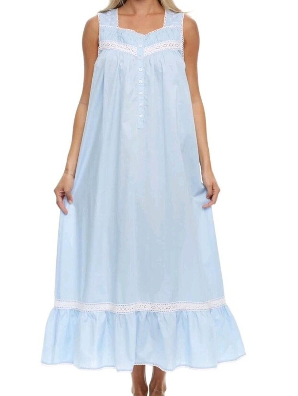 Alexander Del Rossa Womens Cotton Nightgown XL Light Blue Lace Victorian NWT
